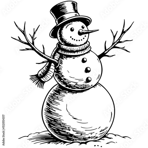 Hand-drawn snowman wearing a hat and scarf in winter setting - Concept of vintage sketch  