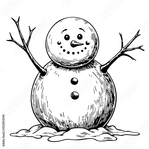 Snowman standing with arms outstretched on snowy ground, vintage sketch  