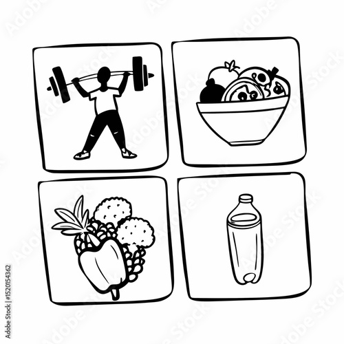 Healthy lifestyle vector pack with workout, food, water intake icons
