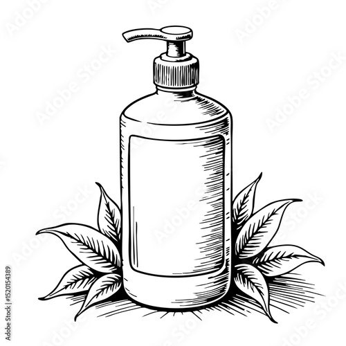 Skincare bottle with pump in vintage sketch style against leaves  