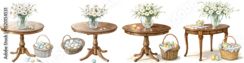 Watercolor Easter Eggs and Daisy Flowers on Vintage Wooden Tables Illustration
