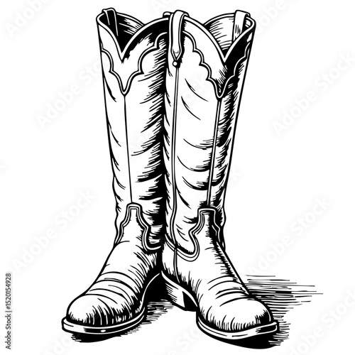 Vintage cowboy boots with intricate design and shading concept of vintage sketch  