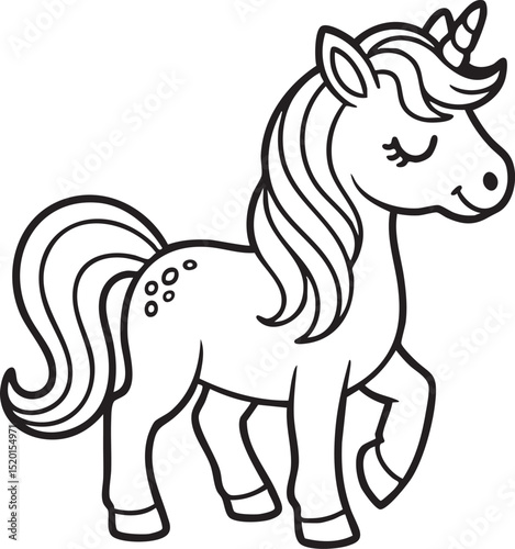 Adorable cartoon unicorn coloring page design