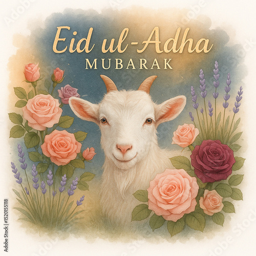 Eid ul-Adha Mubarak Cute Goat with Roses and Lavender