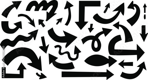 Black arrow vector doodle set featuring bold, playful, curved, and abstract arrows. Perfect for infographics, presentations, web design, social media graphics, marketing, icons, UI elements