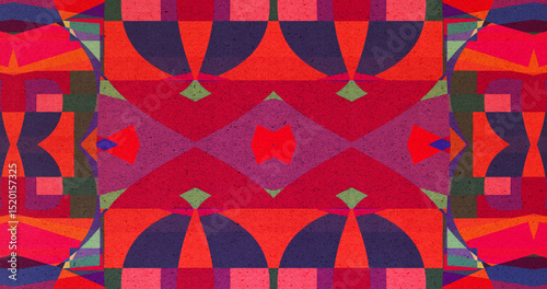 Symmetrical abstract background with layered geometric shapes in bold red, purple, orange, and green tones, featuring a paper-cut texture and curved decorative patterns