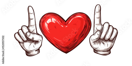 Illustration of a hand forming a heart sign to express love. Ideal for Valentine’s Day, romance, and emotional messages on white or transparent background.