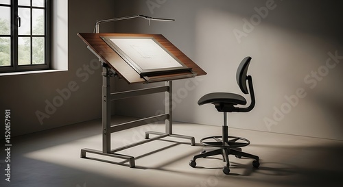An empty art studio features a wooden drafting table a black ergonomic chair and window with outside light a perfect place for drawing and designing