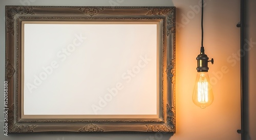 Empty ornate picture frame on a wall with warm lighting from a light bulb casting a gentle glow. The gold frame has decorative details and the bulb adds a vintage ambiance.