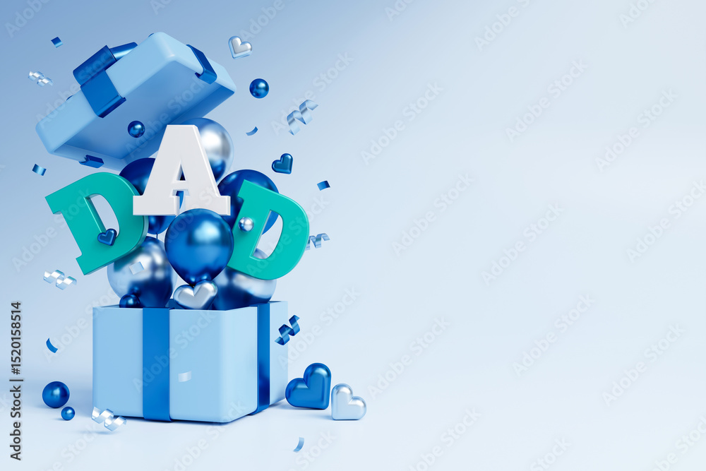 Obraz premium Blue Dad text with Happy Fathers Day decoration background with balloon gift box, heart shape, copy space, 3D render 
