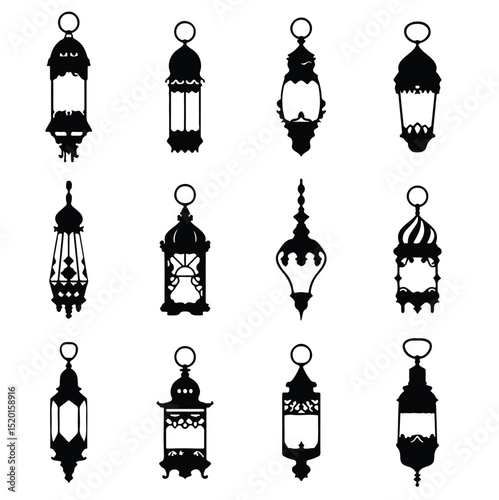 Eid Mubarak arab islamic famous lantern or lamp silhouettes. Middle east ancient kerosene hanging light, Turkish antique gas lamp or islamic vintage lantern isolated vector silhouettes set