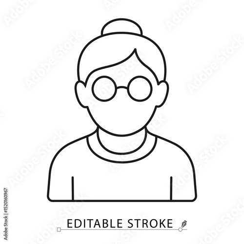 Grandmother icon in minimal black outline style with glasses and hair bun on white background. Editable stroke vector for senior person, old lady, family or care topics. Grandmother icon.