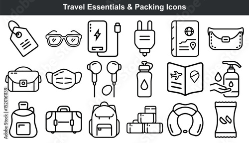 Travel essentials packing icons line art graphics