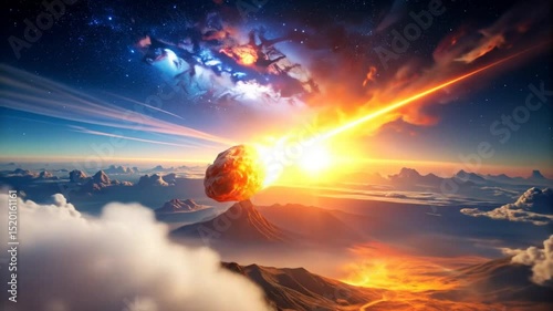 Spectacular Meteor Streaking Across Fantasy Landscape with Mountains and Clouds in Dramatic Sky