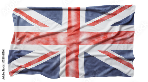 A faded Union Jack flag draped elegantly against a white background showcasing British heritage and patriotism.