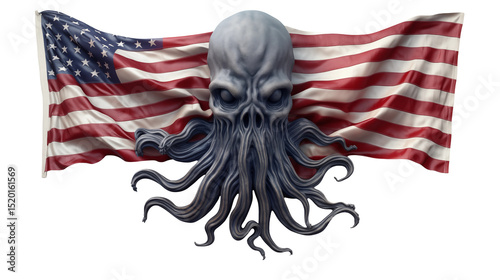 Cthulhu Mythos horror art featuring a terrifying creature skull against a waving American flag backdrop