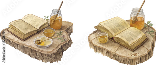 Watercolor Vintage Book and Honey Jar Still Life – Rustic Cozy Reading Scene & Kitchen Clipart  Illustration