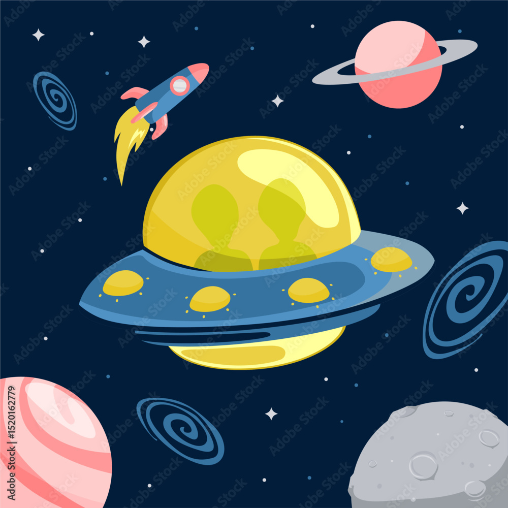 Naklejka premium vector ufo in the space with planets illustration