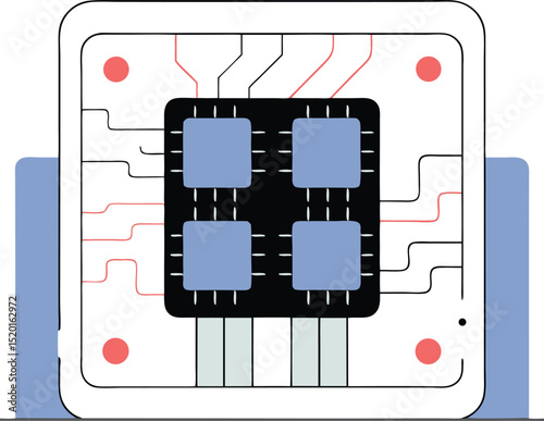 Abstract digital circuit board design with processors and circuitry elements on transparency.