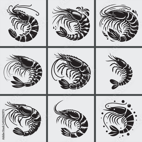 Prawn and Shrimp Stencil Vector Set, Seafood Outline Silhouettes