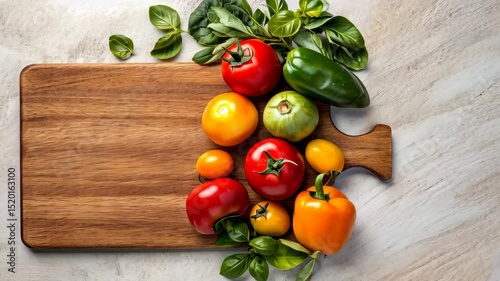 Fresh vegetables and herbs on a wooden cutting board. Vibrant tomatoes, peppers, and greens represent healthy eating, plant based diet, cooking preparation, and seasonal organic food