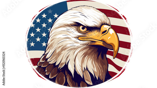 Majestic Bald Eagle Portrait against American Flag Background, Patriotic Bird Illustration