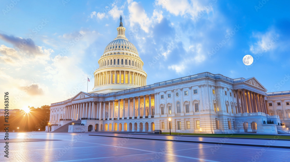 Fototapeta premium US Capitol building shining at night in Washington DC with dome and flag under a clear sky