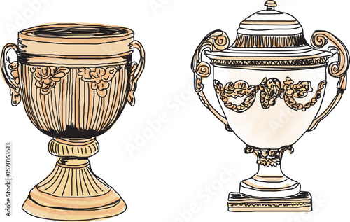 Set of two illustrations of baroque, ornamental urns, vases, floral motif, design elements