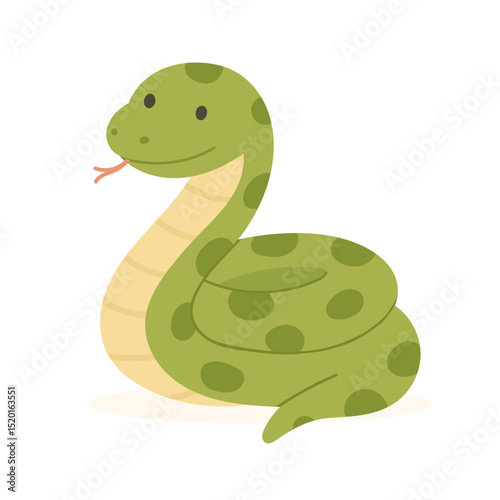 Smiling cartoon anaconda in cute pose, green snake illustration with spots, anaconda perfect for educational designs, jungle themes, or animal alphabet learning materials.
