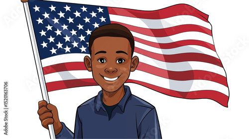 Proud Young American Boy Holding the US Flag High Celebrating Patriotism and National Pride