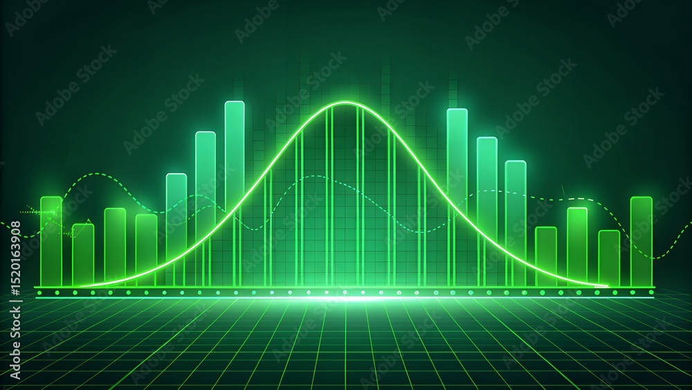 Naklejka premium A digital illustration featuring a vibrant green bar chart, some bars appearing taller than others, centered around a bright, glowing green bell curve. The chart is set against a dark green.