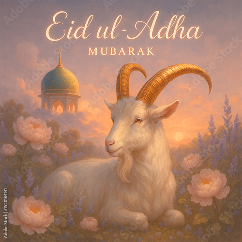 Eid ul-Adha Mubarak Cute Goat with Roses and Lavender