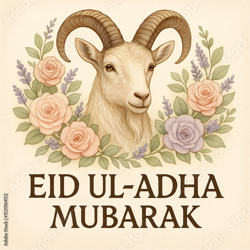 Eid ul-Adha Mubarak Cute Goat with Roses and Lavender