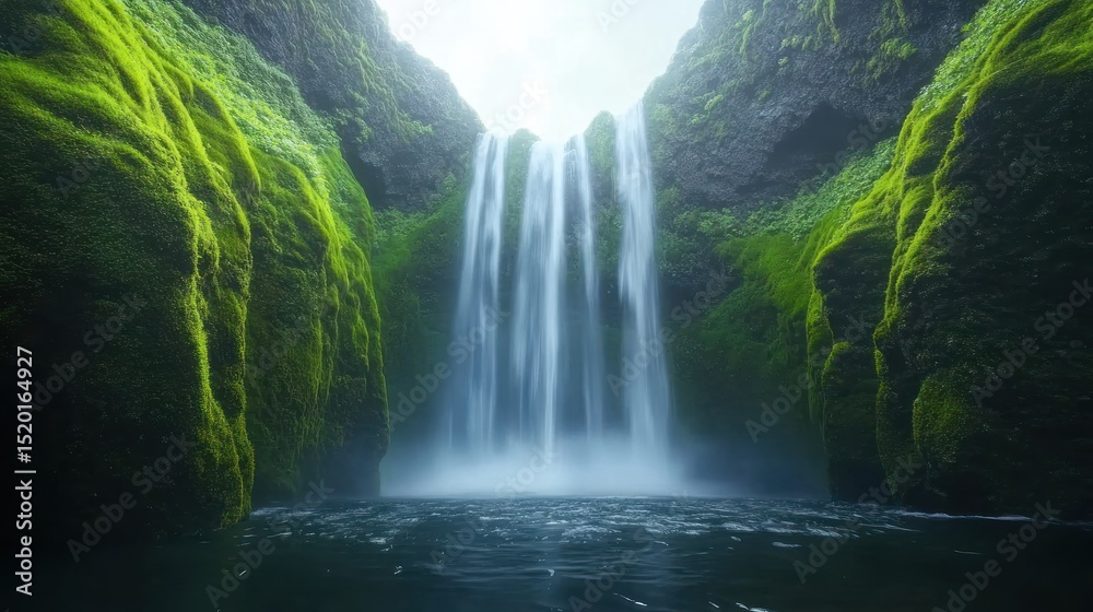 Fototapeta premium Serene Mossy Waterfall Cascading into Still Pool