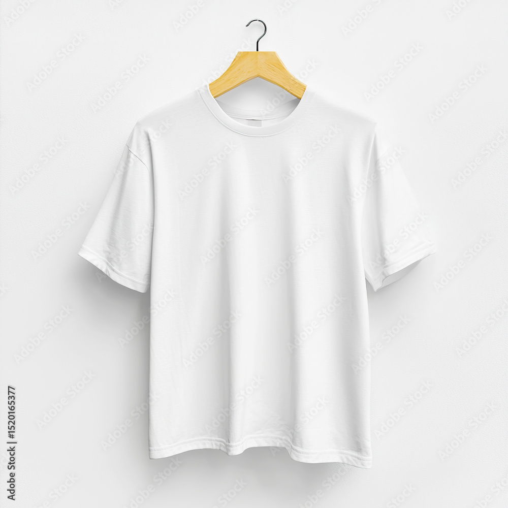 Crisp white t-shirt mockup hanging on a hanger against a clean white background. Fashion branding, apparel design, and versatile clothing promotions, merchandise Crisp white t-shirt mockup hanging on a hanger against a clean white background. Fashion branding, apparel design, and versatile clothing promotions, merchandise