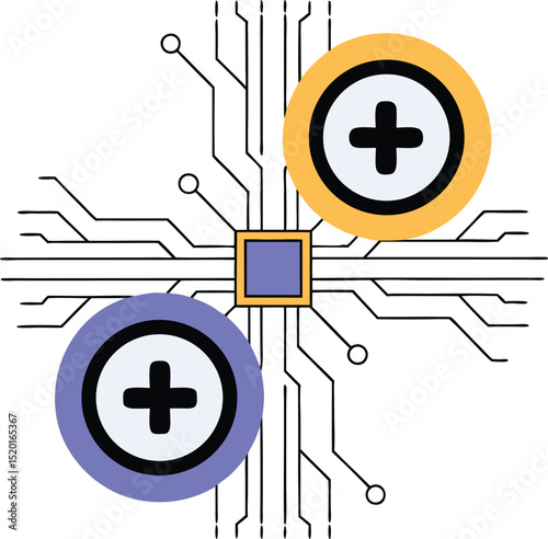Abstract geometric composition with plus sign circles and square element
