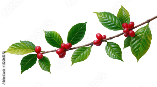 Coffee branch with red berries and green leaves isolated on transparent background