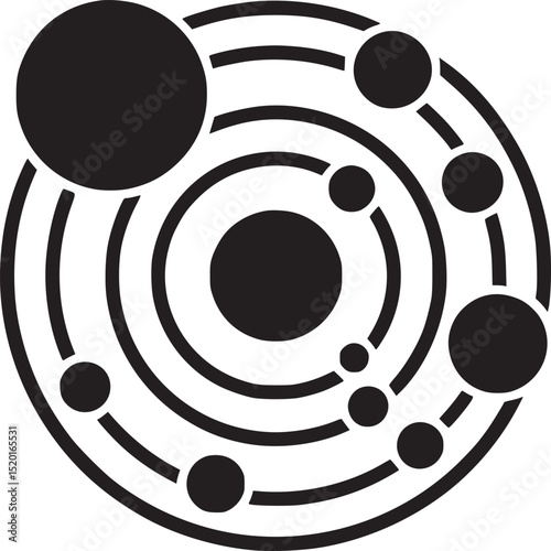 Black and white illustration of a rocket ship inside a circle with flames emitting from the bottom