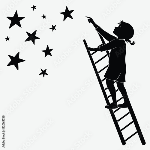 A child reaching for stars with a ladder  silhouette image vector art and illustration	