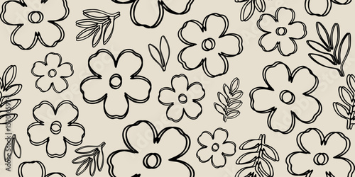 Hand drawn minimal abstract flowers. Seamless patterns with organic shapes black and white color for fabric, textiles, clothing, wallpaper, cover, banner, home decor, florals backgrounds.
