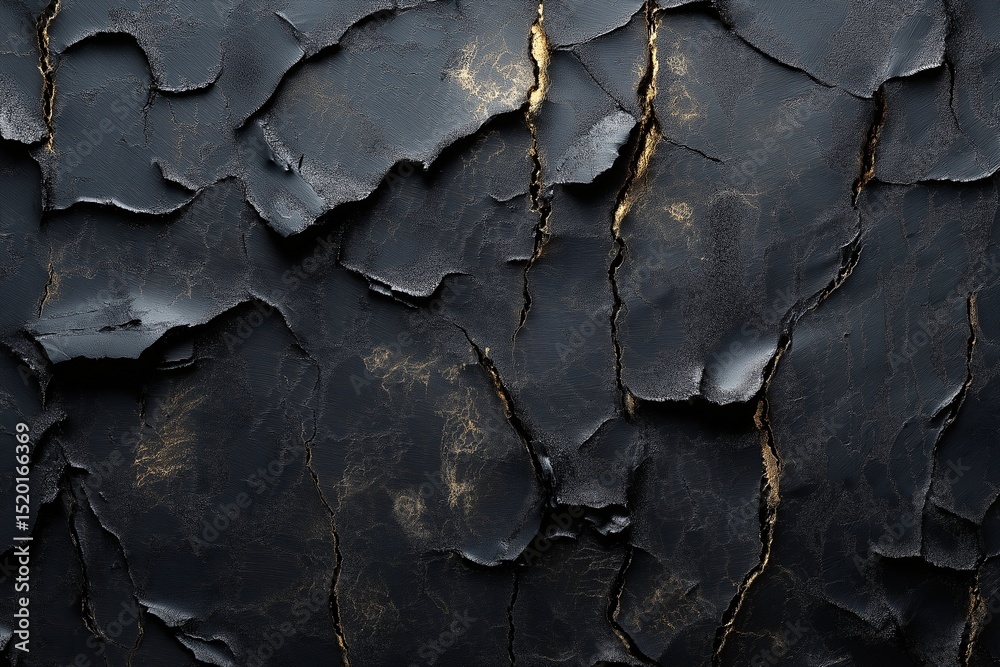 Fototapeta premium Cracked Paint Textured Surface. Black and Gold Abstract Art with Peeling Layers and Dramatic Colors