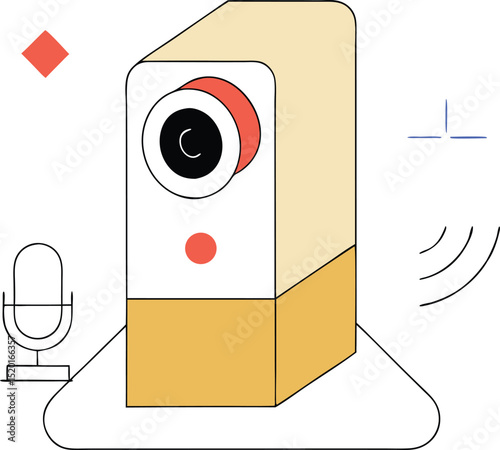 Abstract geometric speaker design with red accents on a white background