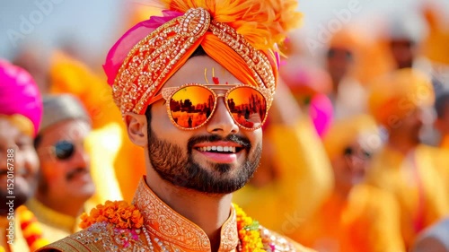 Smiling Indian groom in traditional attire and sunglasses at vibrant wedding ceremony. Concept of celebration, culture, joy, tradition, and colorful Indian wedding fashion and rituals