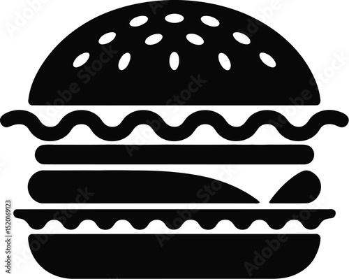 A stylized black and white illustration of a burger with sesame seeds on the bun