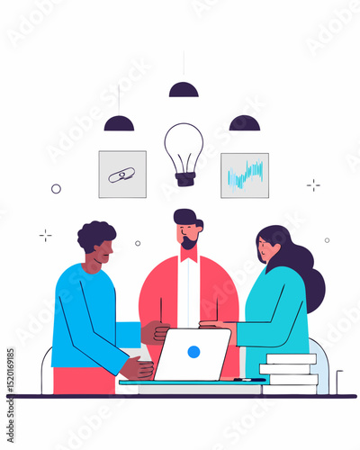 A diverse team brainstorming at a pastel-colored office table.