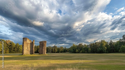 Long view of the forest park with dramatic cloudscape and layered stone towers