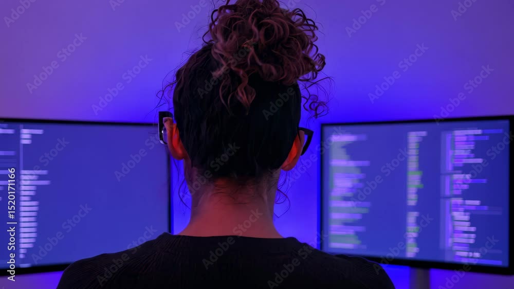Female programmer with curly hair working at triple monitor setup in dark room. Concept of coding, software development, cybersecurity, and modern tech workspace with blue neon lighting