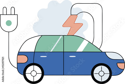 Cartoon illustration of an electric car with abstract electricity symbol and details