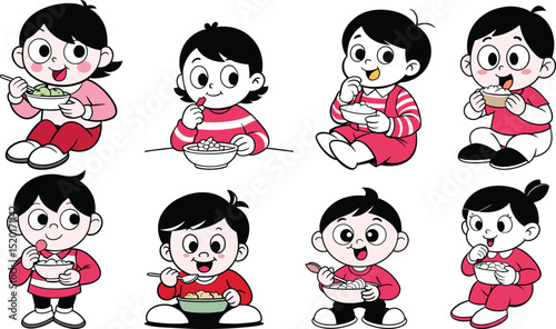 cute kid eating food in bowl set vector illustration