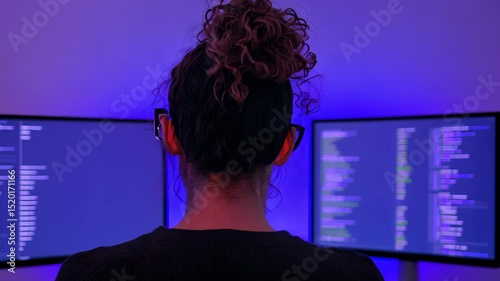 Female programmer with curly hair working at triple monitor setup in dark room. Concept of coding, software development, cybersecurity, and modern tech workspace with blue neon lighting
